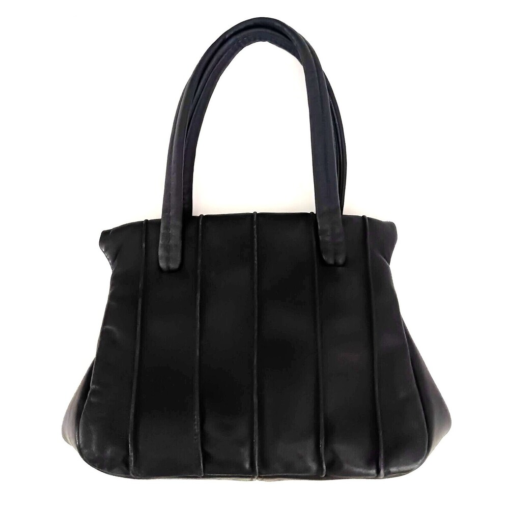 VTG Jane Shilton England Dk Navy Pleated Leather Top Handle Bag Kiss Lock